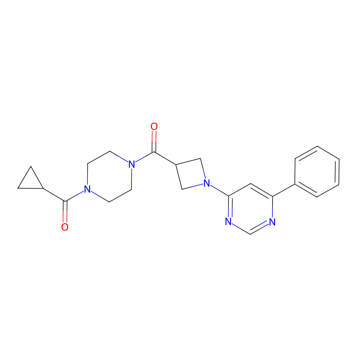 (4-(Cyclopropanecarbonyl)piperazin-1-yl)(1-(6-phenylpyrimidin-4-yl)azetidin-3-yl)methanone molecular structure, CAS 2034582-28-8