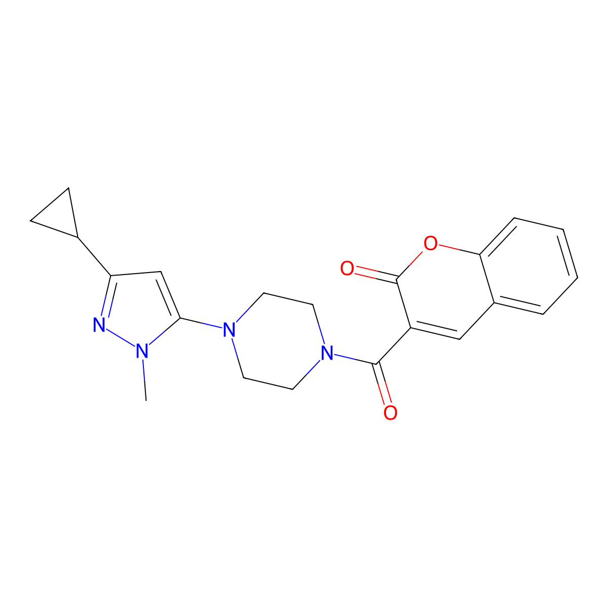 3-(4-(3-cyclopropyl-1-methyl-1H-pyrazol-5-yl)piperazine-1-carbonyl)-2H-chromen-2-one molecular structure, CAS 2034582-31-3
