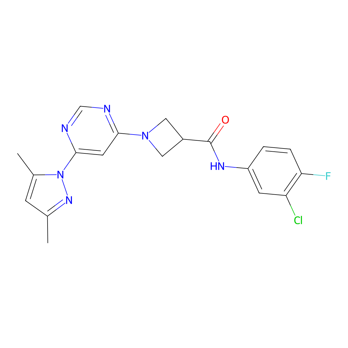 N-(3-chloro-4-fluorophenyl)-1-(6-(3,5-dimethyl-1H-pyrazol-1-yl)pyrimidin-4-yl)azetidine-3-carboxamide molecular structure, CAS 2034582-32-4