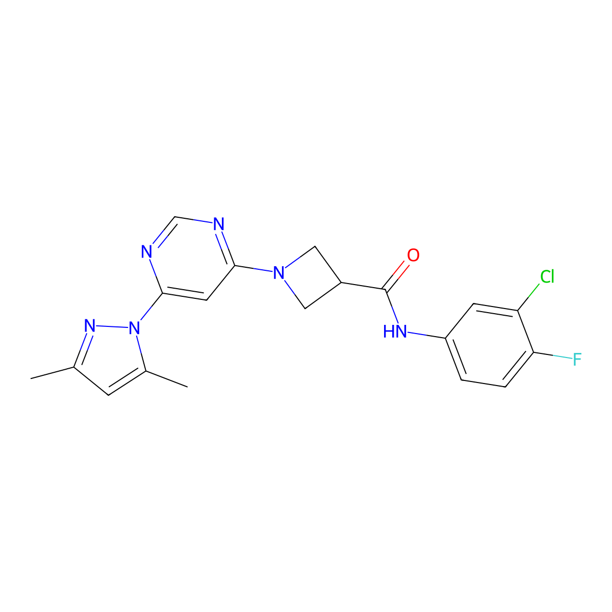 N-(3-chloro-4-fluorophenyl)-1-(6-(3,5-dimethyl-1H-pyrazol-1-yl)pyrimidin-4-yl)azetidine-3-carboxamide molecular structure, CAS 2034582-32-4