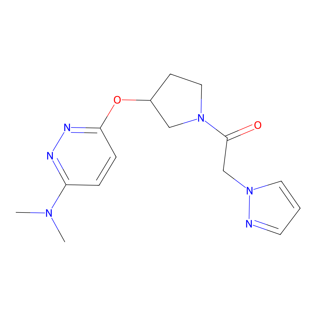 1-(3-((6-(dimethylamino)pyridazin-3-yl)oxy)pyrrolidin-1-yl)-2-(1H-pyrazol-1-yl)ethanone molecular structure, CAS 2034582-40-4