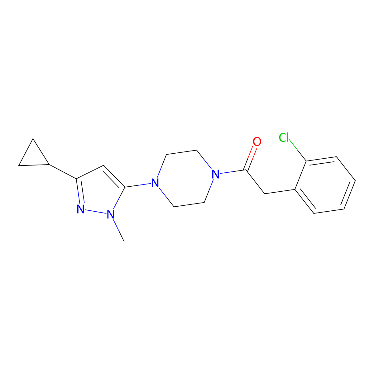 2-(2-chlorophenyl)-1-(4-(3-cyclopropyl-1-methyl-1H-pyrazol-5-yl)piperazin-1-yl)ethanone molecular structure, CAS 2034582-41-5