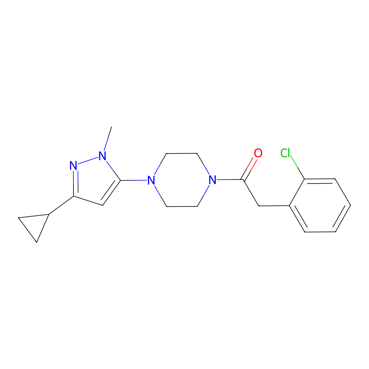 2-(2-chlorophenyl)-1-(4-(3-cyclopropyl-1-methyl-1H-pyrazol-5-yl)piperazin-1-yl)ethanone molecular structure, CAS 2034582-41-5