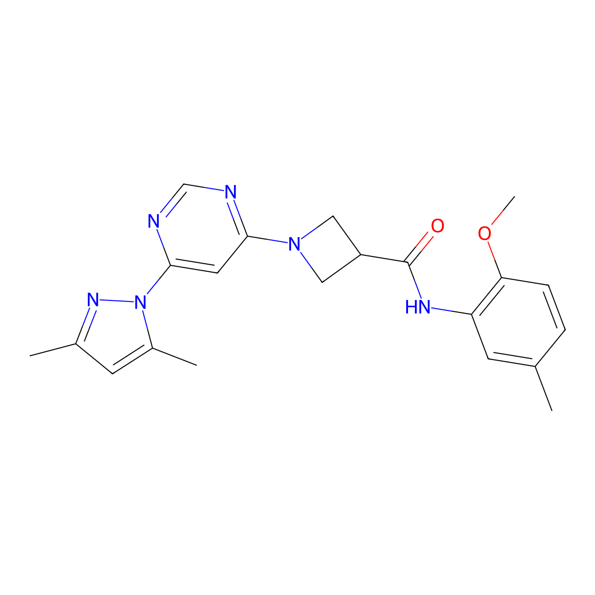 1-[6-(3,5-dimethyl-1H-pyrazol-1-yl)pyrimidin-4-yl]-N-(2-methoxy-5-methylphenyl)azetidine-3-carboxamide molecular structure, CAS 2034582-42-6