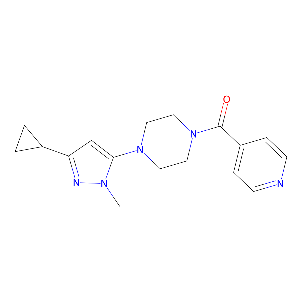 (4-(3-cyclopropyl-1-methyl-1H-pyrazol-5-yl)piperazin-1-yl)(pyridin-4-yl)methanone molecular structure, CAS 2034582-48-2