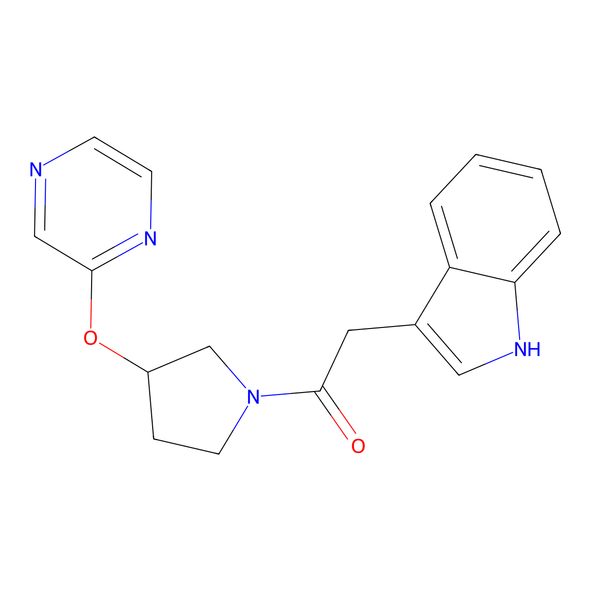 2-(1H-indol-3-yl)-1-(3-(pyrazin-2-yloxy)pyrrolidin-1-yl)ethanone molecular structure, CAS 2034582-49-3