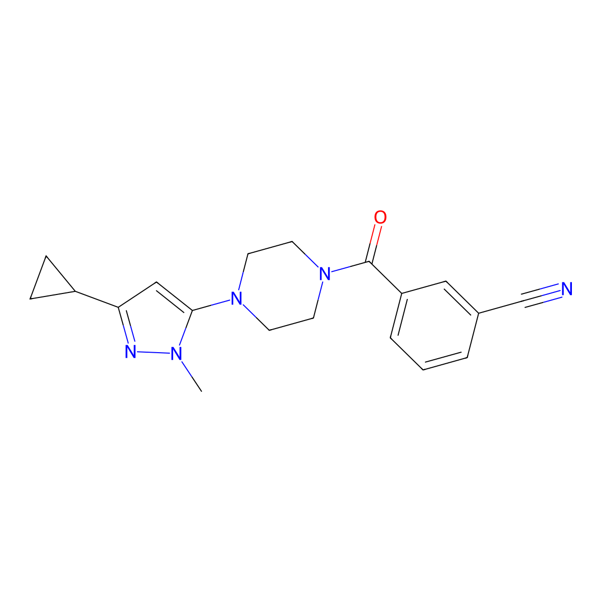 3-(4-(3-cyclopropyl-1-methyl-1H-pyrazol-5-yl)piperazine-1-carbonyl)benzonitrile molecular structure, CAS 2034582-53-9