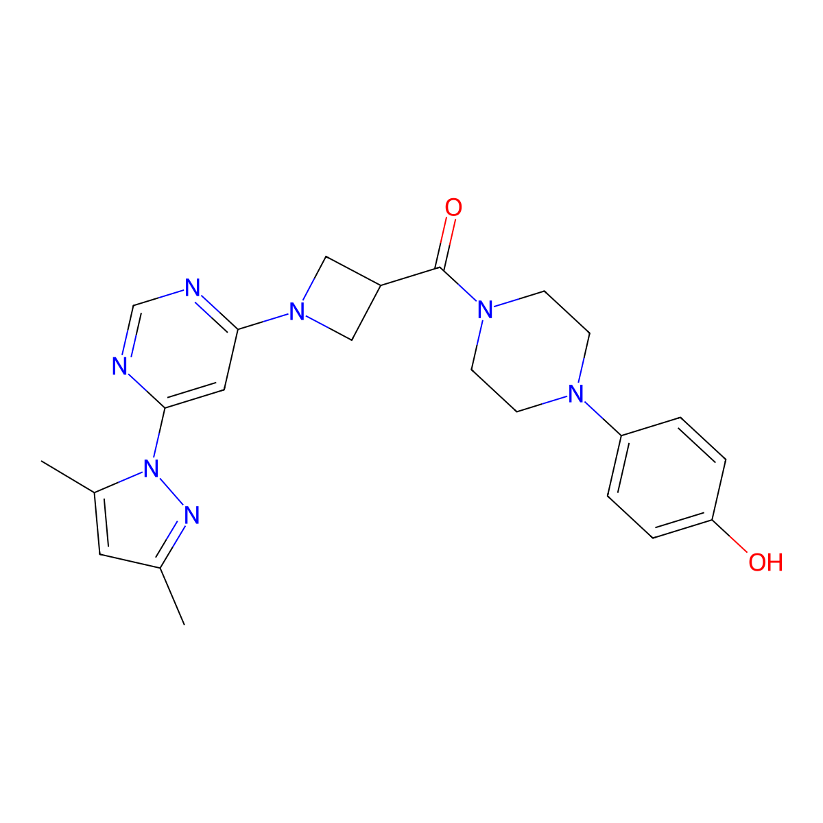 (1-(6-(3,5-dimethyl-1H-pyrazol-1-yl)pyrimidin-4-yl)azetidin-3-yl)(4-(4-hydroxyphenyl)piperazin-1-yl)methanone molecular structure, CAS 2034582-54-0