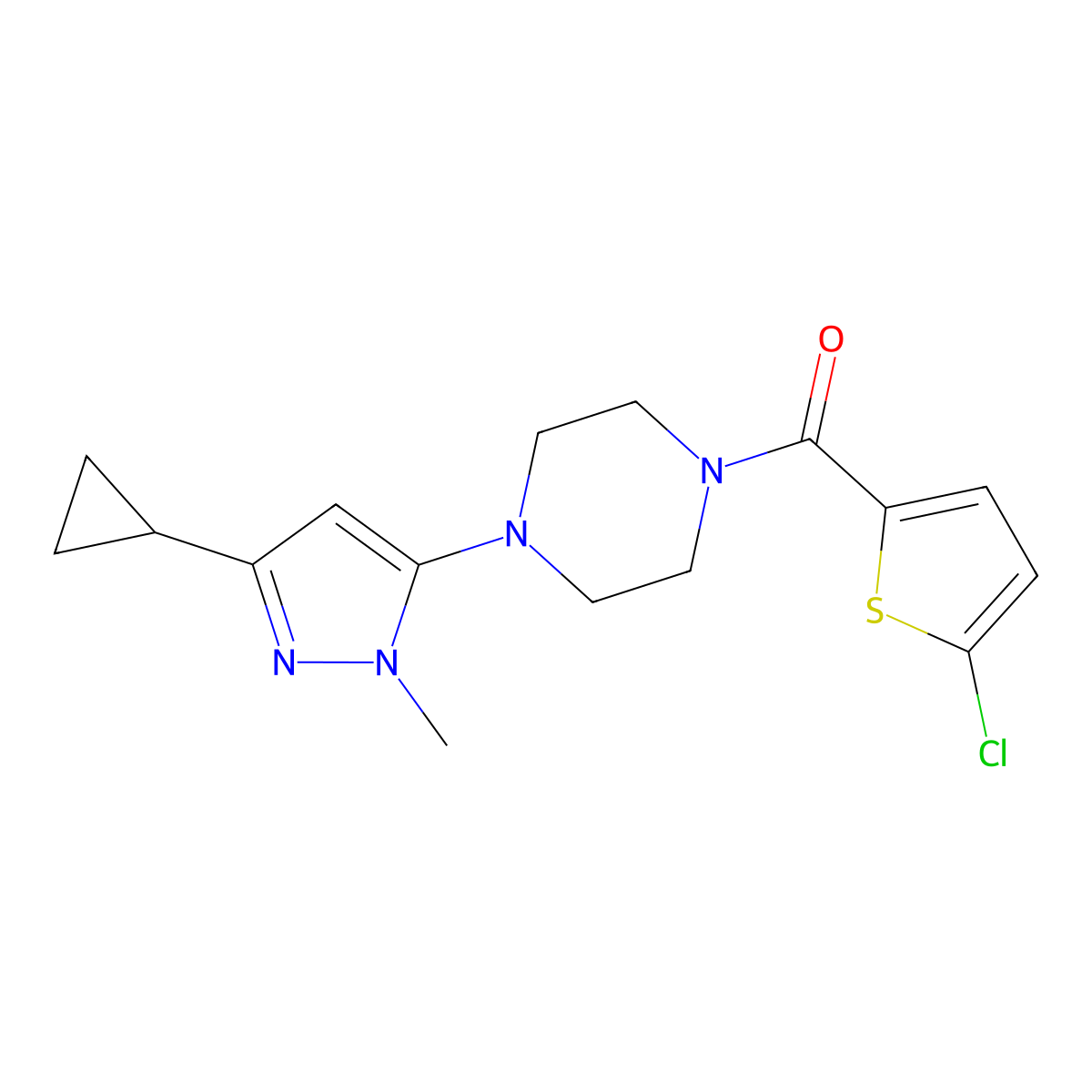 (5-chlorothiophen-2-yl)(4-(3-cyclopropyl-1-methyl-1H-pyrazol-5-yl)piperazin-1-yl)methanone molecular structure, CAS 2034582-57-3