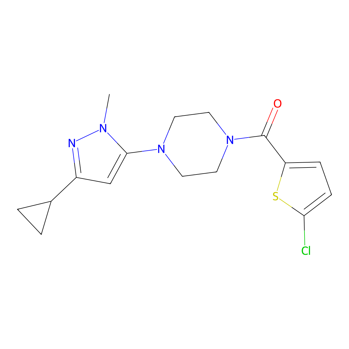 (5-chlorothiophen-2-yl)(4-(3-cyclopropyl-1-methyl-1H-pyrazol-5-yl)piperazin-1-yl)methanone molecular structure, CAS 2034582-57-3