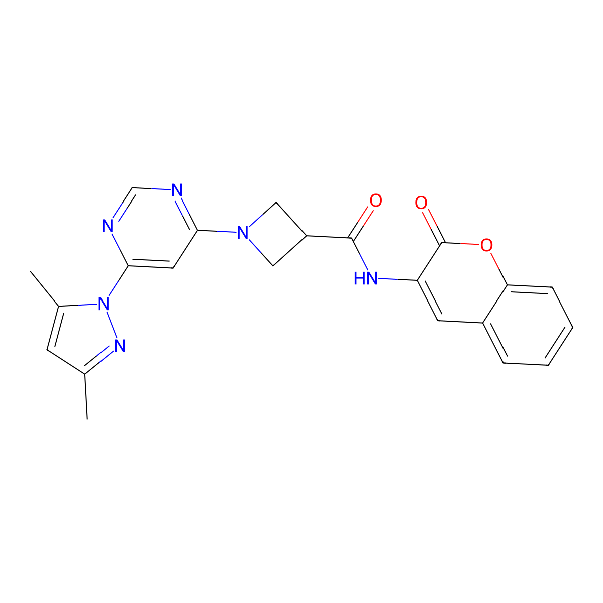 1-(6-(3,5-dimethyl-1H-pyrazol-1-yl)pyrimidin-4-yl)-N-(2-oxo-2H-chromen-3-yl)azetidine-3-carboxamide molecular structure, CAS 2034582-61-9