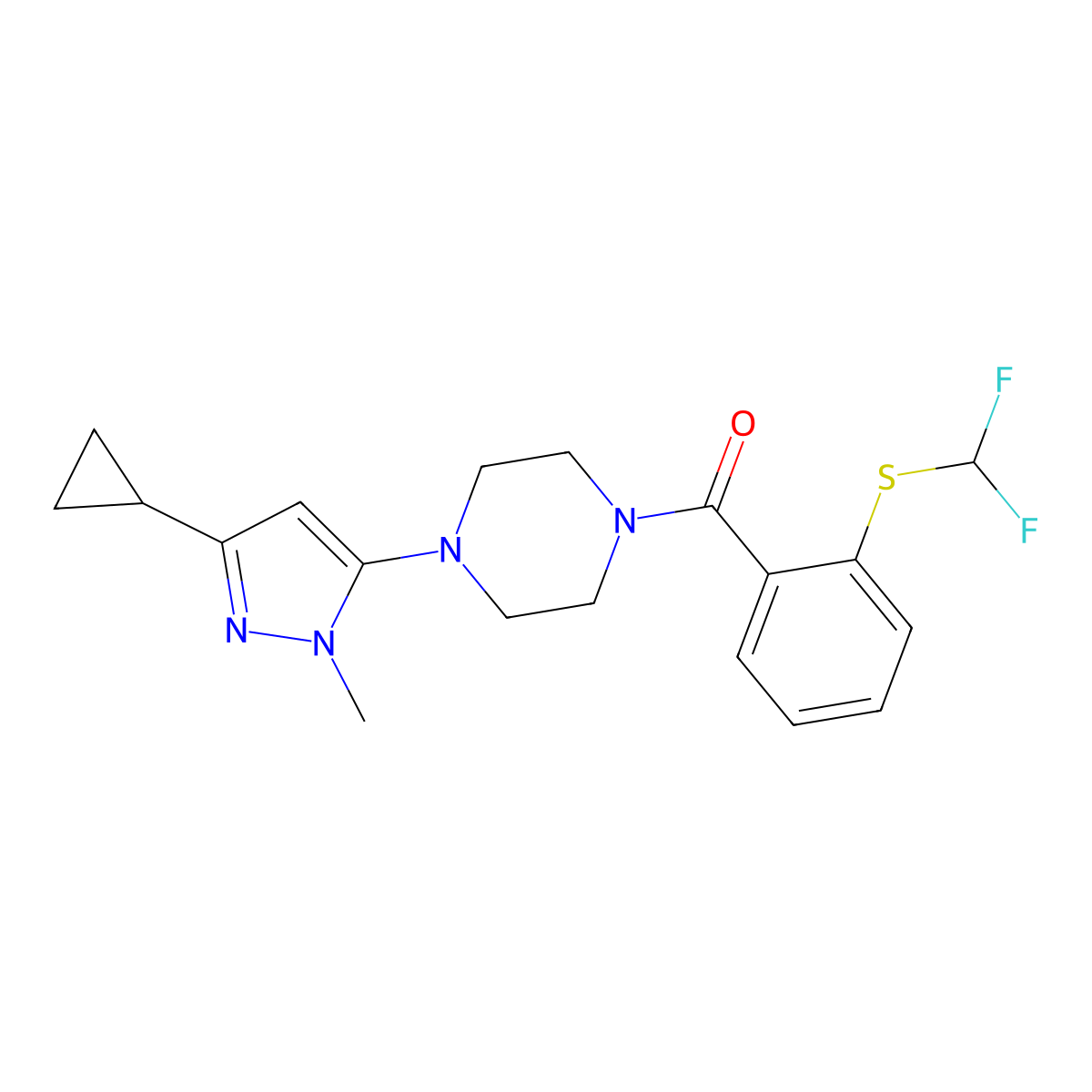 (4-(3-cyclopropyl-1-methyl-1H-pyrazol-5-yl)piperazin-1-yl)(2-((difluoromethyl)thio)phenyl)methanone molecular structure, CAS 2034582-65-3