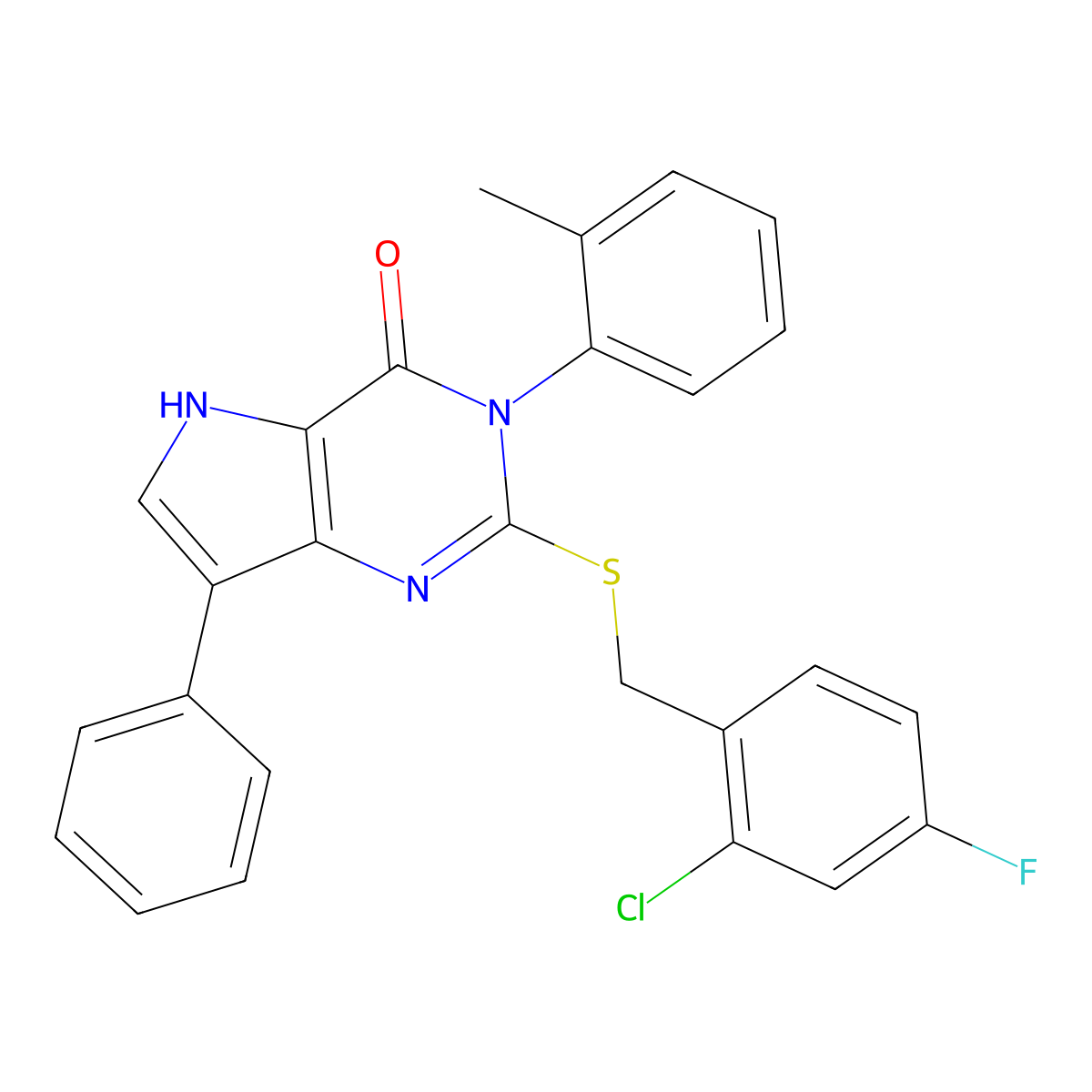 2-((2-chloro-4-fluorobenzyl)thio)-7-phenyl-3-(o-tolyl)-3H-pyrrolo[3,2-d]pyrimidin-4(5H)-one molecular structure, CAS 2034582-68-6