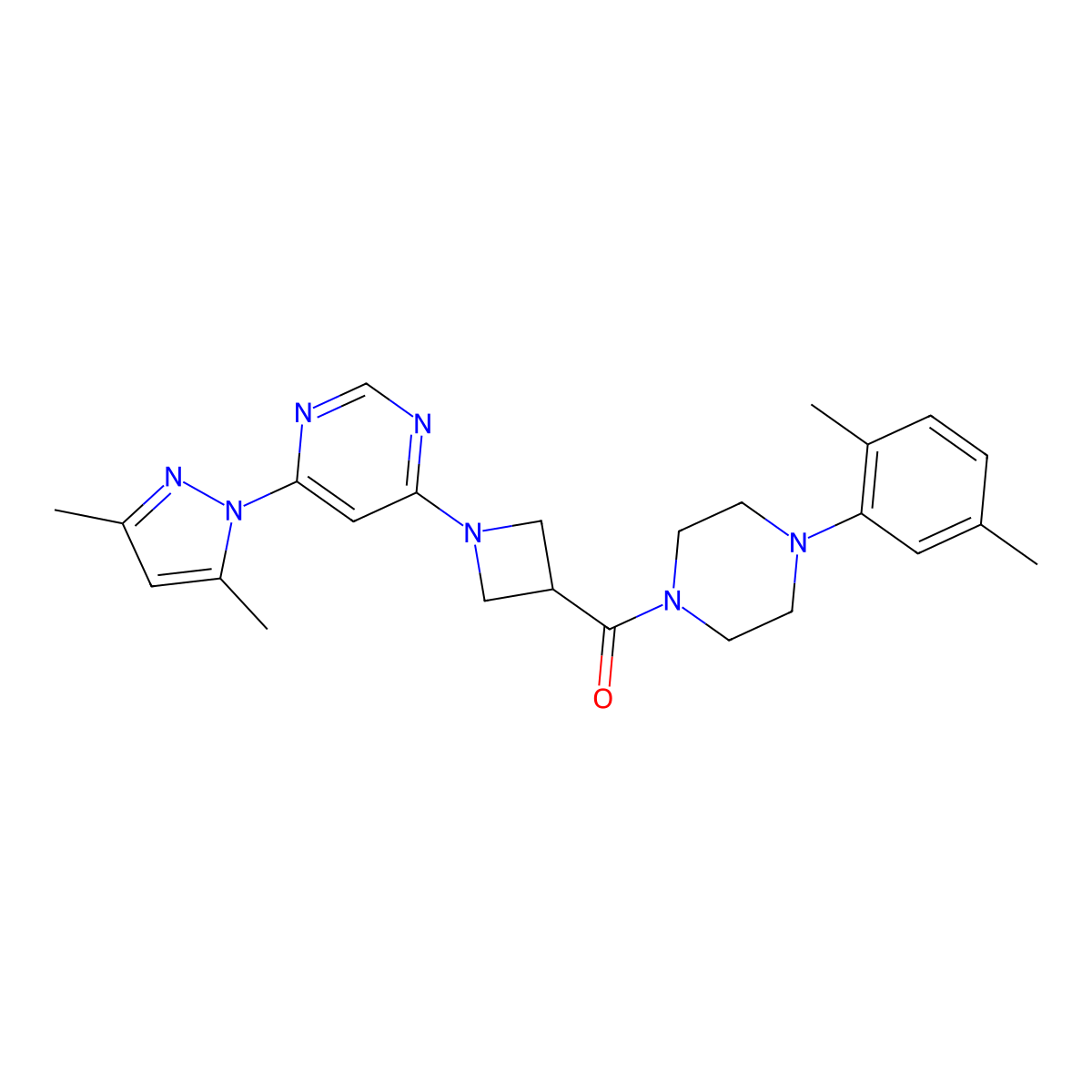 (1-(6-(3,5-dimethyl-1H-pyrazol-1-yl)pyrimidin-4-yl)azetidin-3-yl)(4-(2,5-dimethylphenyl)piperazin-1-yl)methanone molecular structure, CAS 2034582-70-0