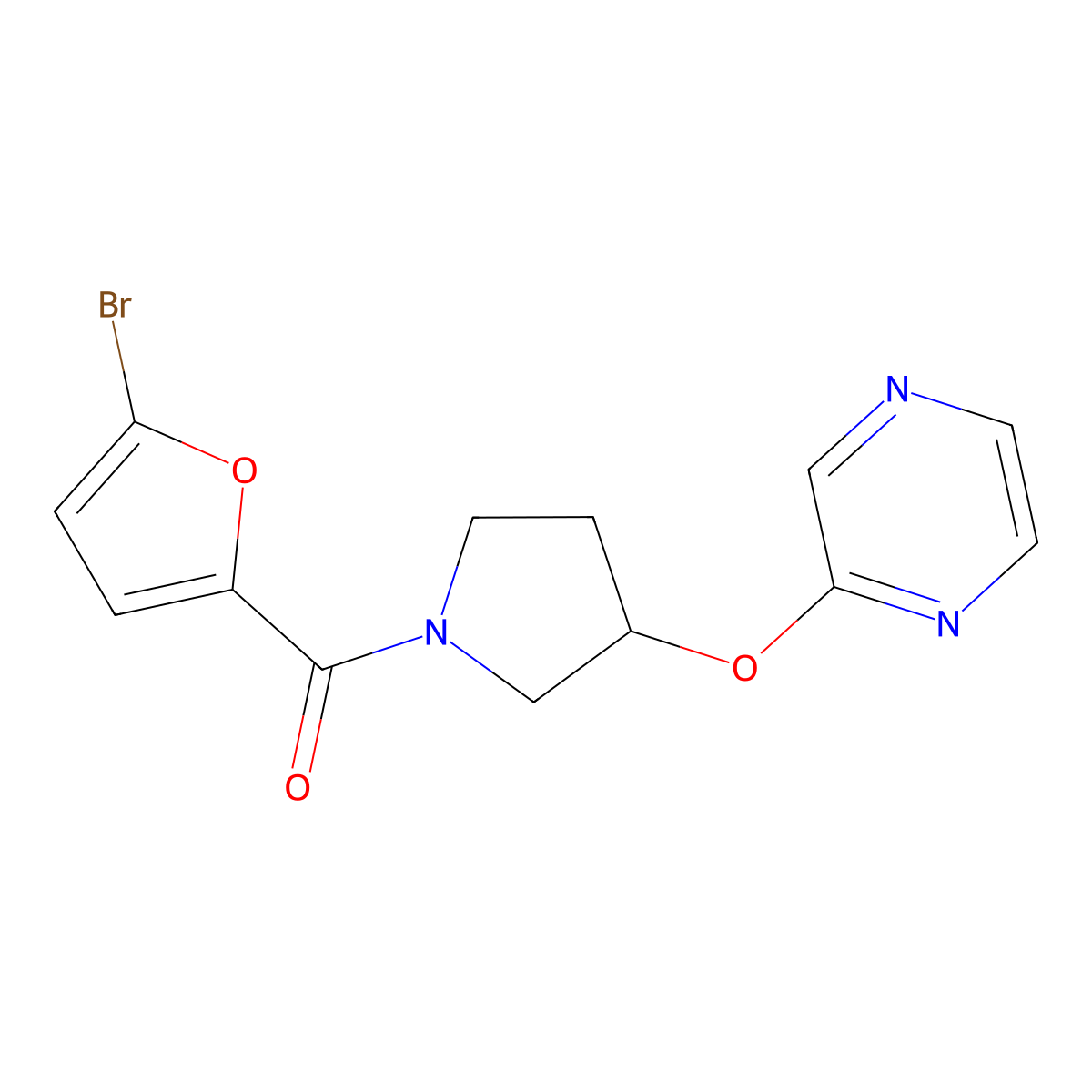 (5-Bromofuran-2-yl)(3-(pyrazin-2-yloxy)pyrrolidin-1-yl)methanone molecular structure, CAS 2034582-75-5