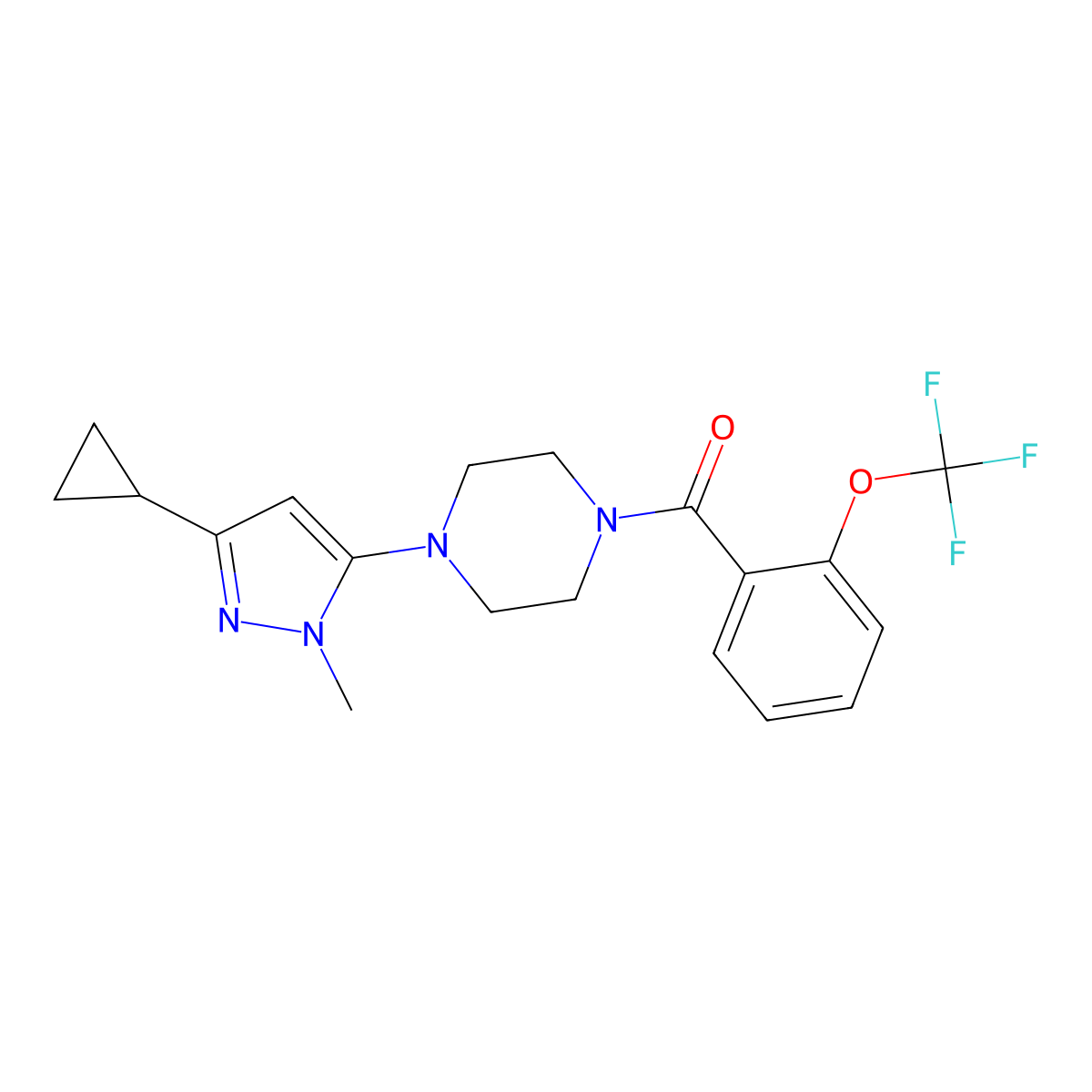 (4-(3-cyclopropyl-1-methyl-1H-pyrazol-5-yl)piperazin-1-yl)(2-(trifluoromethoxy)phenyl)methanone molecular structure, CAS 2034582-78-8