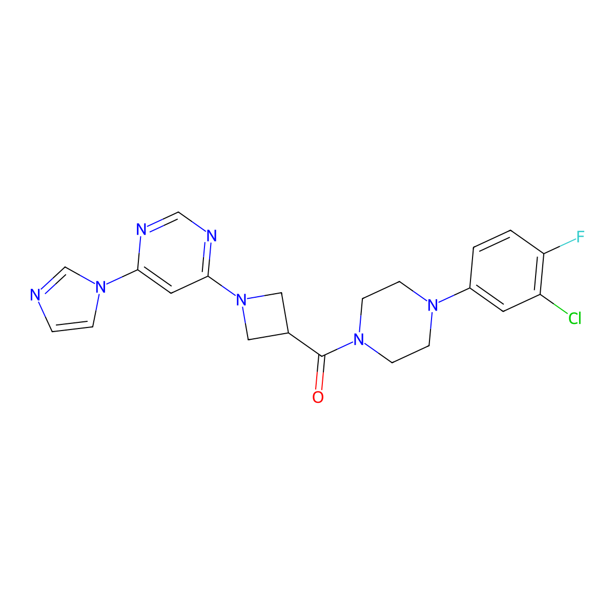 (1-(6-(1H-imidazol-1-yl)pyrimidin-4-yl)azetidin-3-yl)(4-(3-chloro-4-fluorophenyl)piperazin-1-yl)methanone molecular structure, CAS 2034582-79-9