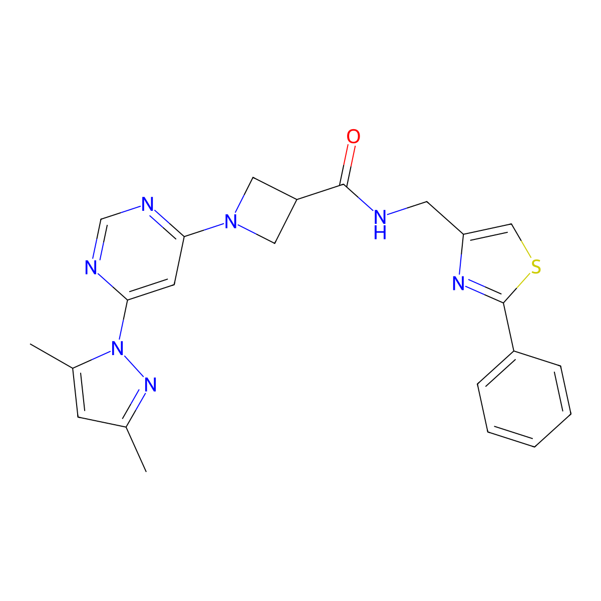 1-(6-(3,5-dimethyl-1H-pyrazol-1-yl)pyrimidin-4-yl)-N-((2-phenylthiazol-4-yl)methyl)azetidine-3-carboxamide molecular structure, CAS 2034582-80-2