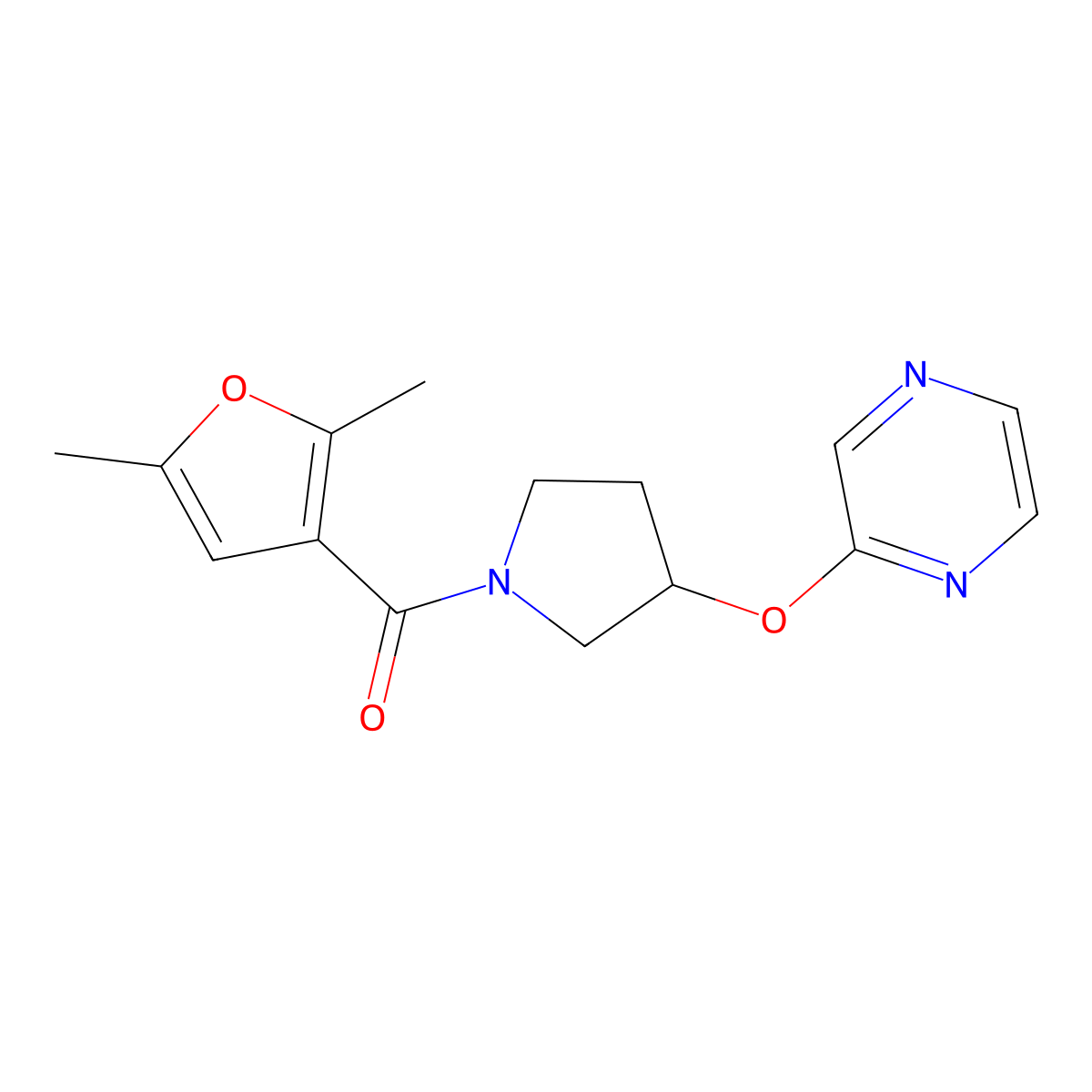 (2,5-Dimethylfuran-3-yl)(3-(pyrazin-2-yloxy)pyrrolidin-1-yl)methanone molecular structure, CAS 2034582-83-5