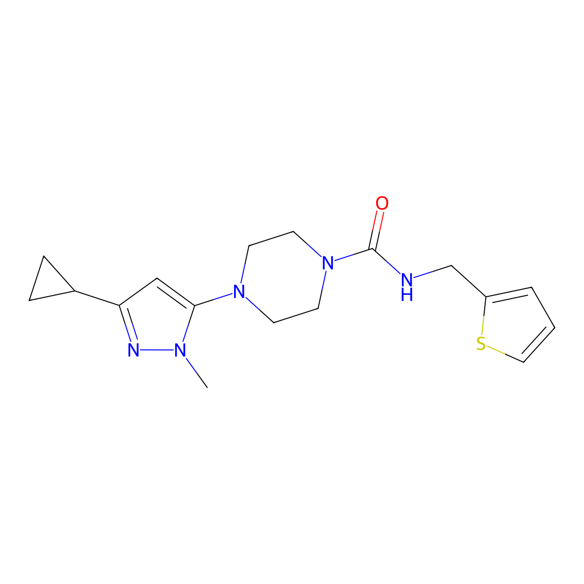 4-(3-cyclopropyl-1-methyl-1H-pyrazol-5-yl)-N-(thiophen-2-ylmethyl)piperazine-1-carboxamide molecular structure, CAS 2034582-85-7