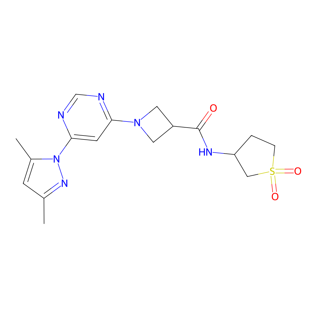 1-(6-(3,5-dimethyl-1H-pyrazol-1-yl)pyrimidin-4-yl)-N-(1,1-dioxidotetrahydrothiophen-3-yl)azetidine-3-carboxamide molecular structure, CAS 2034582-87-9