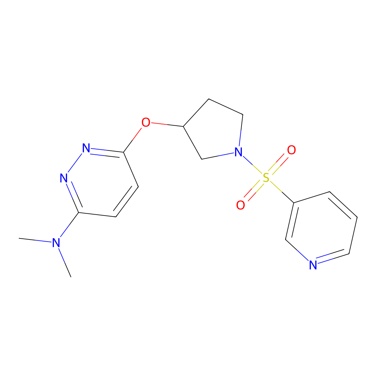 N,N-dimethyl-6-((1-(pyridin-3-ylsulfonyl)pyrrolidin-3-yl)oxy)pyridazin-3-amine molecular structure, CAS 2034582-88-0