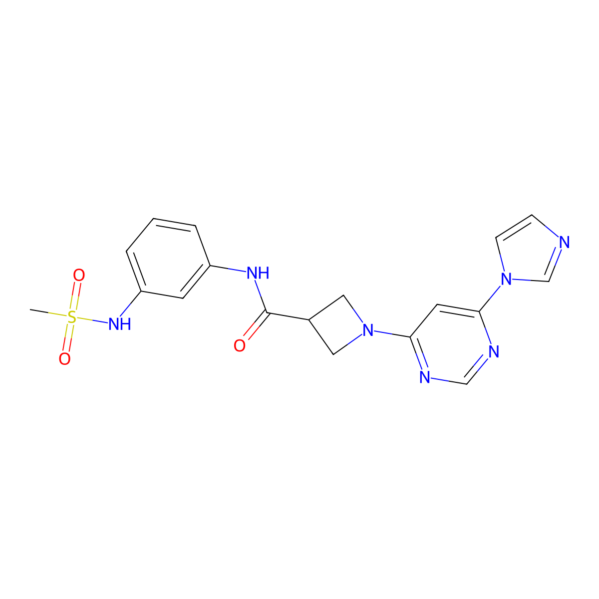 1-(6-(1H-imidazol-1-yl)pyrimidin-4-yl)-N-(3-(methylsulfonamido)phenyl)azetidine-3-carboxamide molecular structure, CAS 2034582-92-6