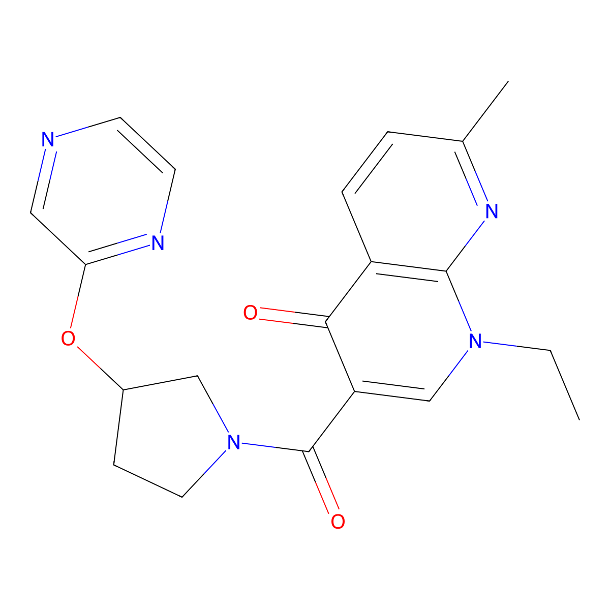 1-ethyl-7-methyl-3-(3-(pyrazin-2-yloxy)pyrrolidine-1-carbonyl)-1,8-naphthyridin-4(1H)-one molecular structure, CAS 2034582-96-0