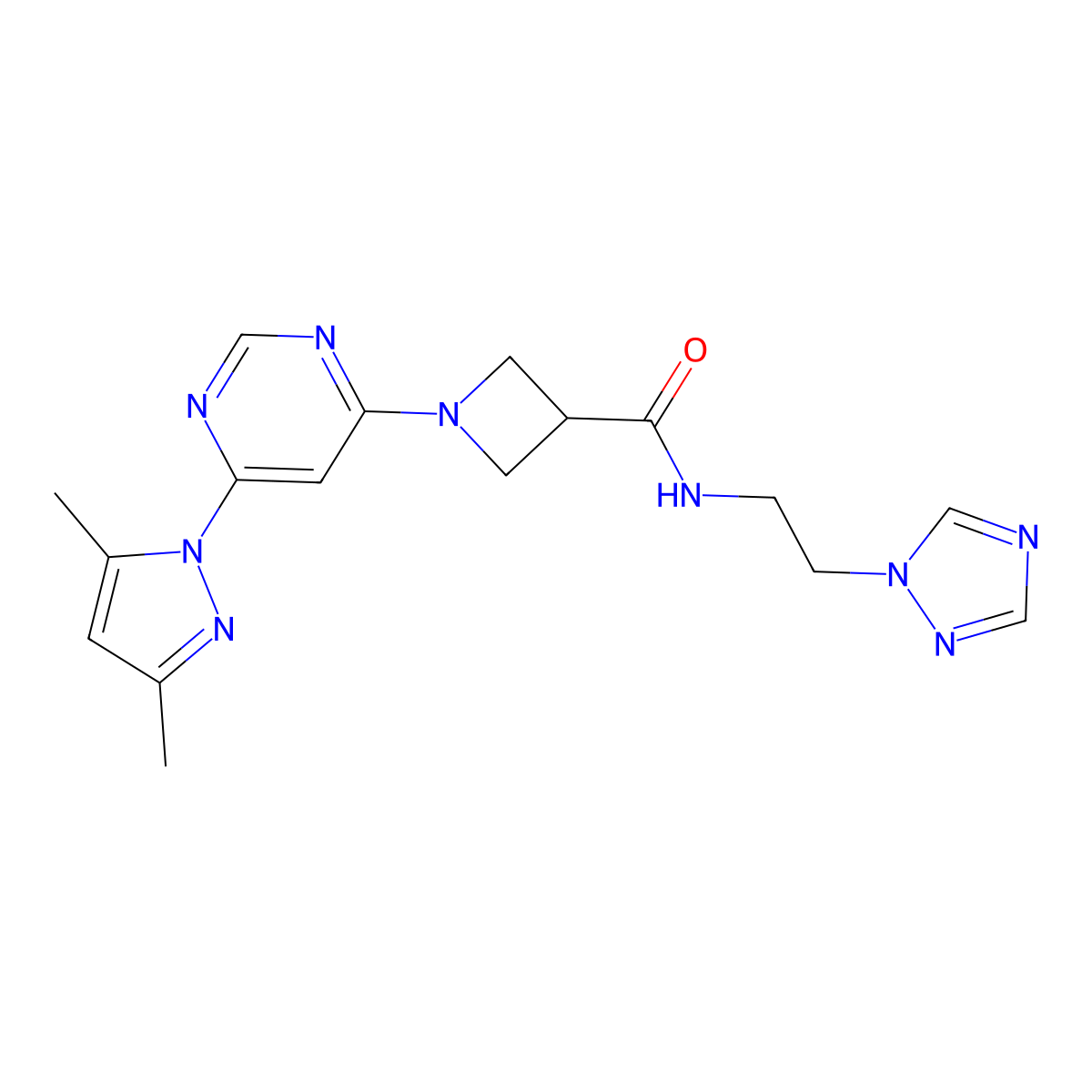 N-(2-(1H-1,2,4-triazol-1-yl)ethyl)-1-(6-(3,5-dimethyl-1H-pyrazol-1-yl)pyrimidin-4-yl)azetidine-3-carboxamide molecular structure, CAS 2034583-00-9