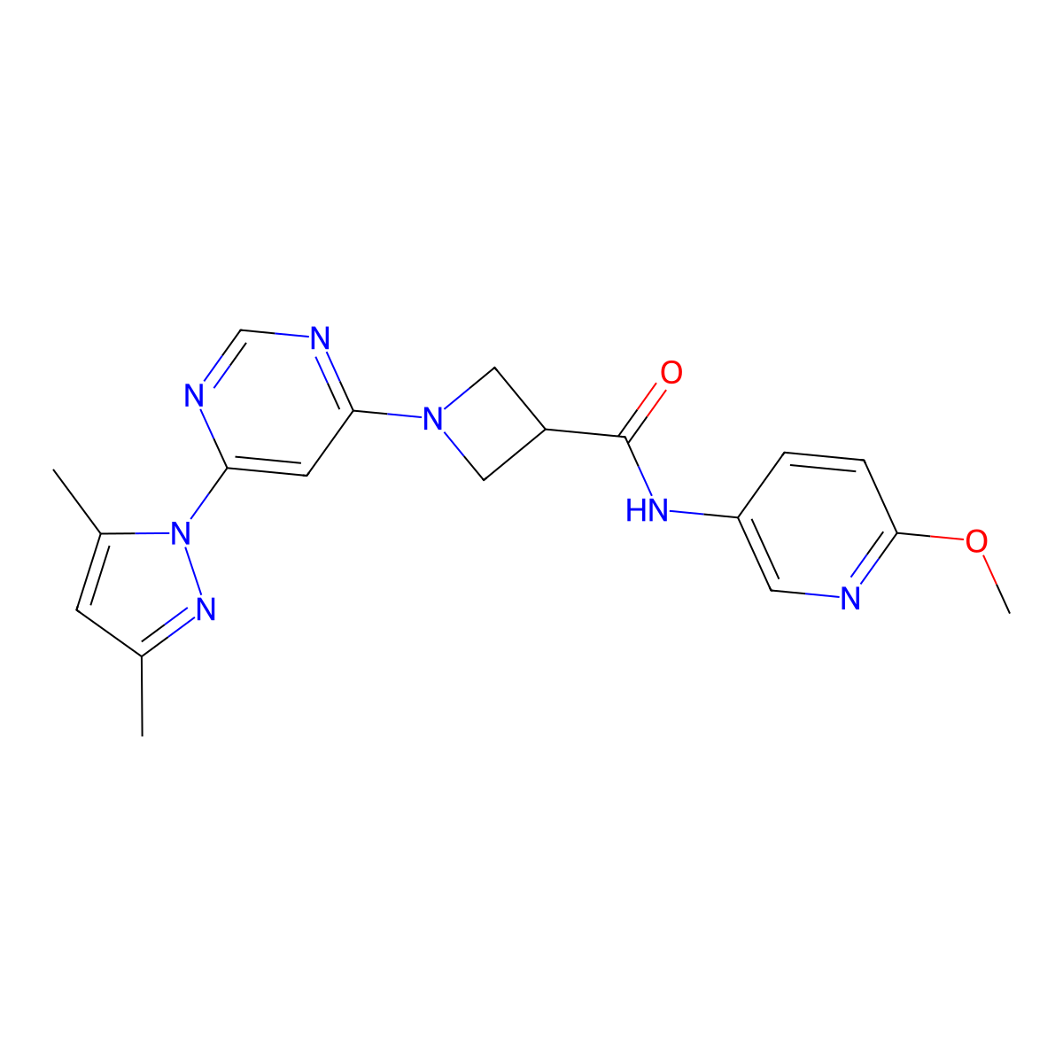 1-(6-(3,5-dimethyl-1H-pyrazol-1-yl)pyrimidin-4-yl)-N-(6-methoxypyridin-3-yl)azetidine-3-carboxamide molecular structure, CAS 2034583-05-4
