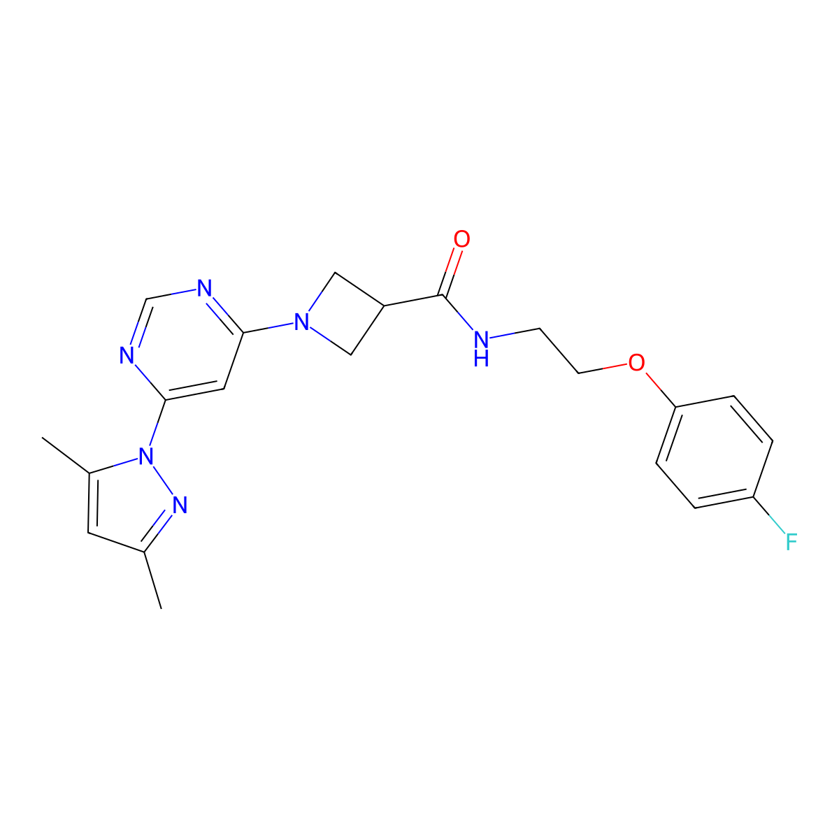 1-(6-(3,5-dimethyl-1H-pyrazol-1-yl)pyrimidin-4-yl)-N-(2-(4-fluorophenoxy)ethyl)azetidine-3-carboxamide molecular structure, CAS 2034583-10-1