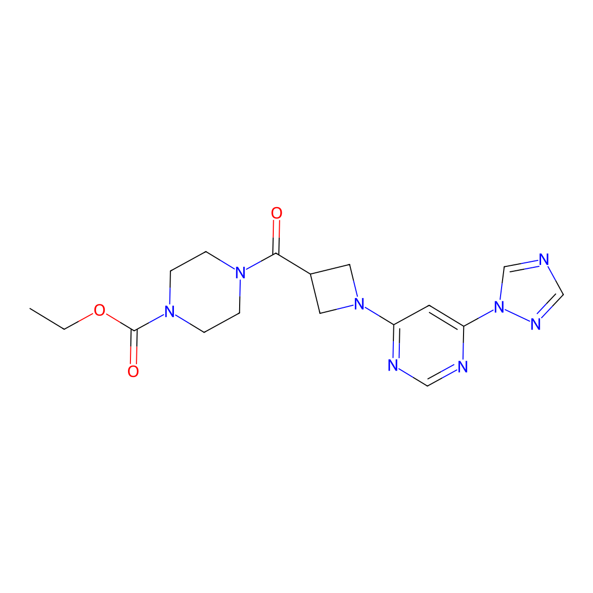 ethyl 4-{1-[6-(1H-1,2,4-triazol-1-yl)pyrimidin-4-yl]azetidine-3-carbonyl}piperazine-1-carboxylate molecular structure, CAS 2034583-12-3
