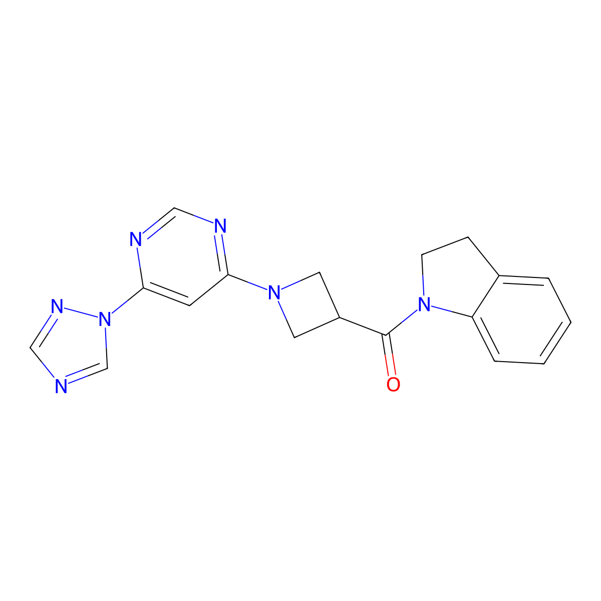 (1-(6-(1H-1,2,4-triazol-1-yl)pyrimidin-4-yl)azetidin-3-yl)(indolin-1-yl)methanone molecular structure, CAS 2034583-22-5