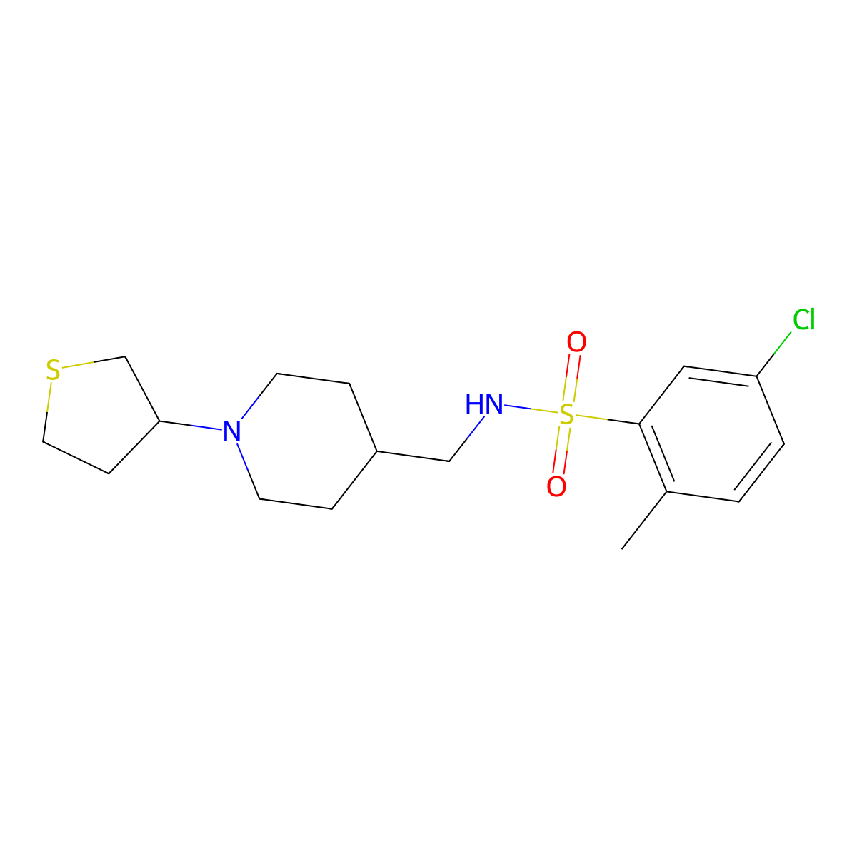 5-chloro-2-methyl-N-((1-(tetrahydrothiophen-3-yl)piperidin-4-yl)methyl)benzenesulfonamide molecular structure, CAS 2034583-32-7