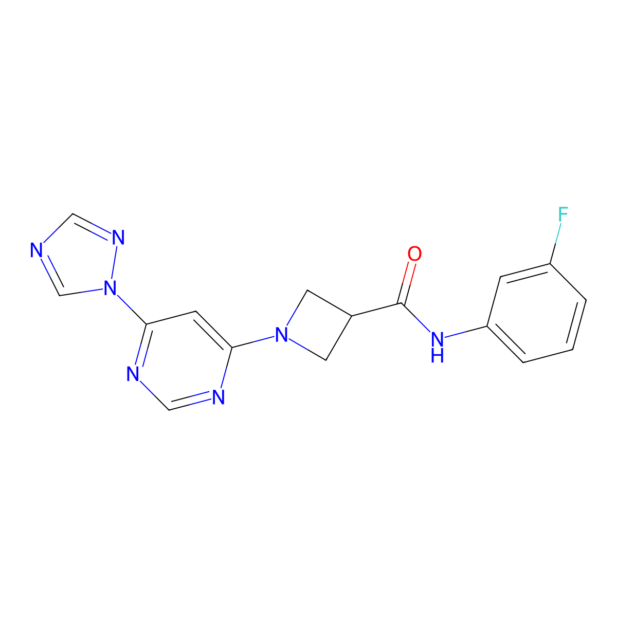 1-(6-(1H-1,2,4-triazol-1-yl)pyrimidin-4-yl)-N-(3-fluorophenyl)azetidine-3-carboxamide molecular structure, CAS 2034583-43-0