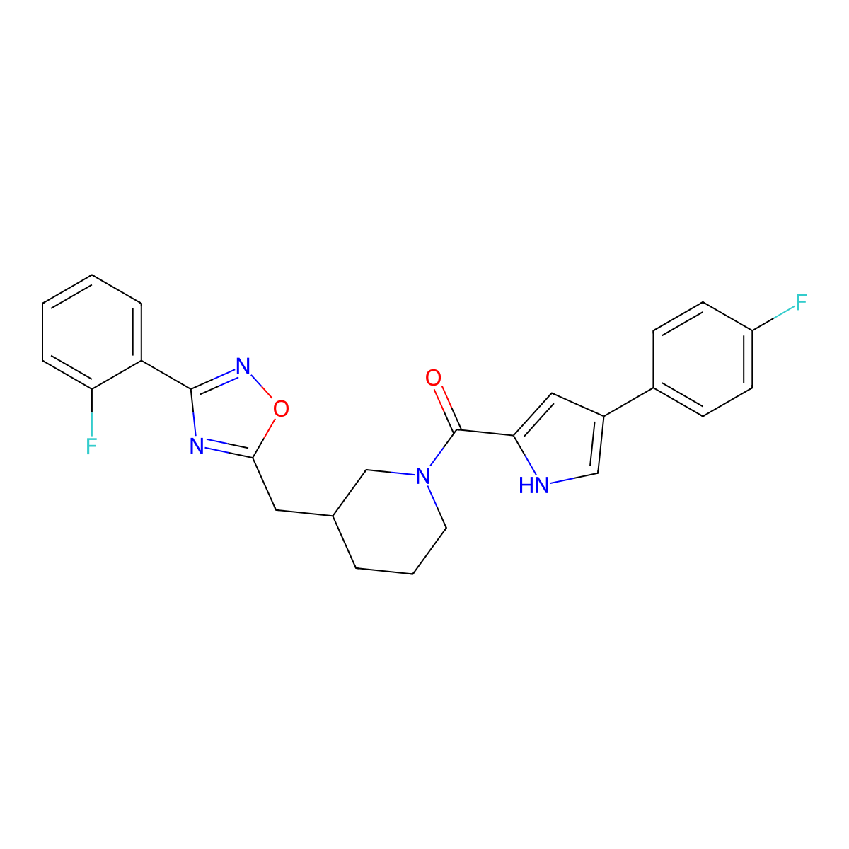 (3-((3-(2-fluorophenyl)-1,2,4-oxadiazol-5-yl)methyl)piperidin-1-yl)(4-(4-fluorophenyl)-1H-pyrrol-2-yl)methanone molecular structure, CAS 2034583-46-3