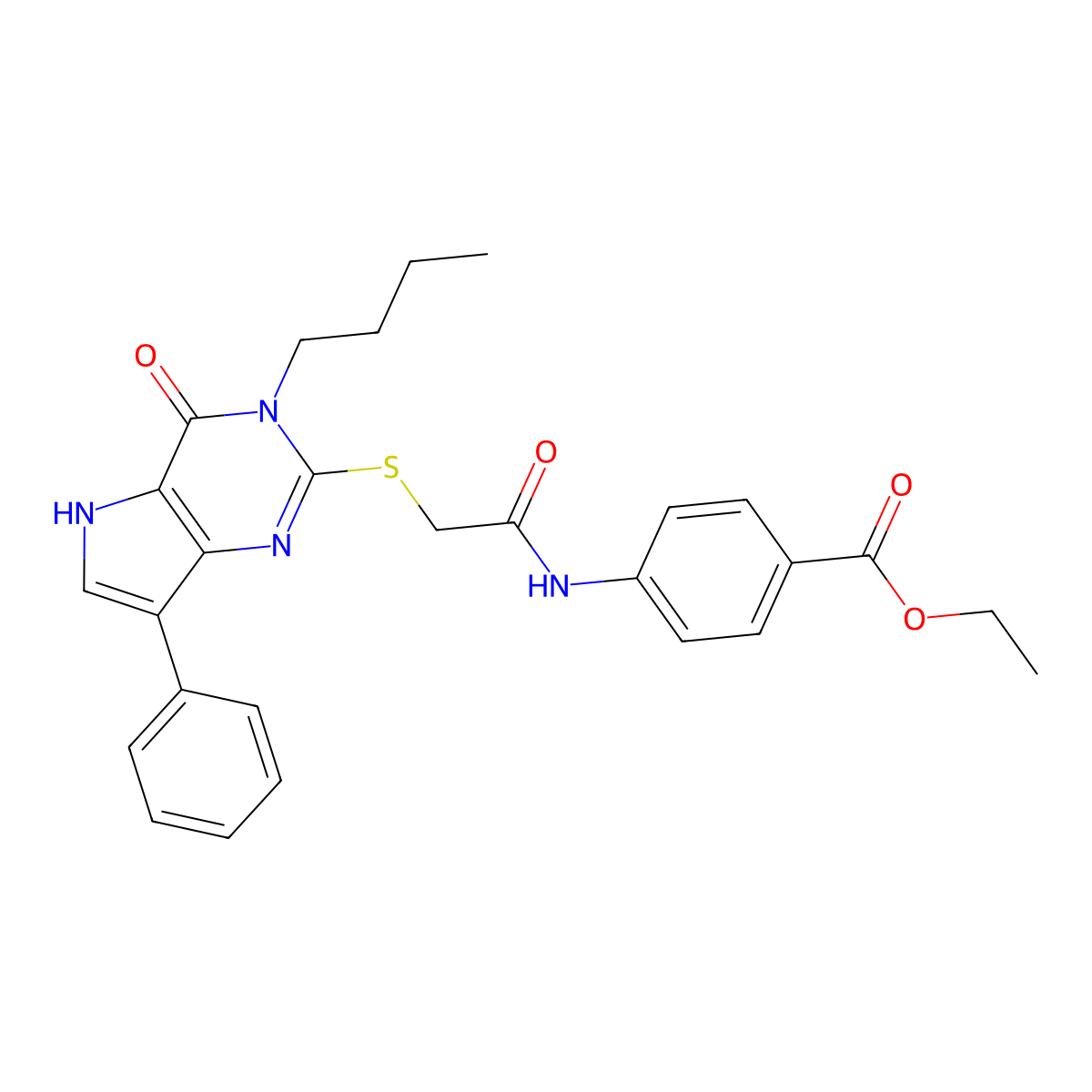 ethyl 4-(2-((3-butyl-4-oxo-7-phenyl-4,5-dihydro-3H-pyrrolo[3,2-d]pyrimidin-2-yl)thio)acetamido)benzoate molecular structure, CAS 2034583-49-6