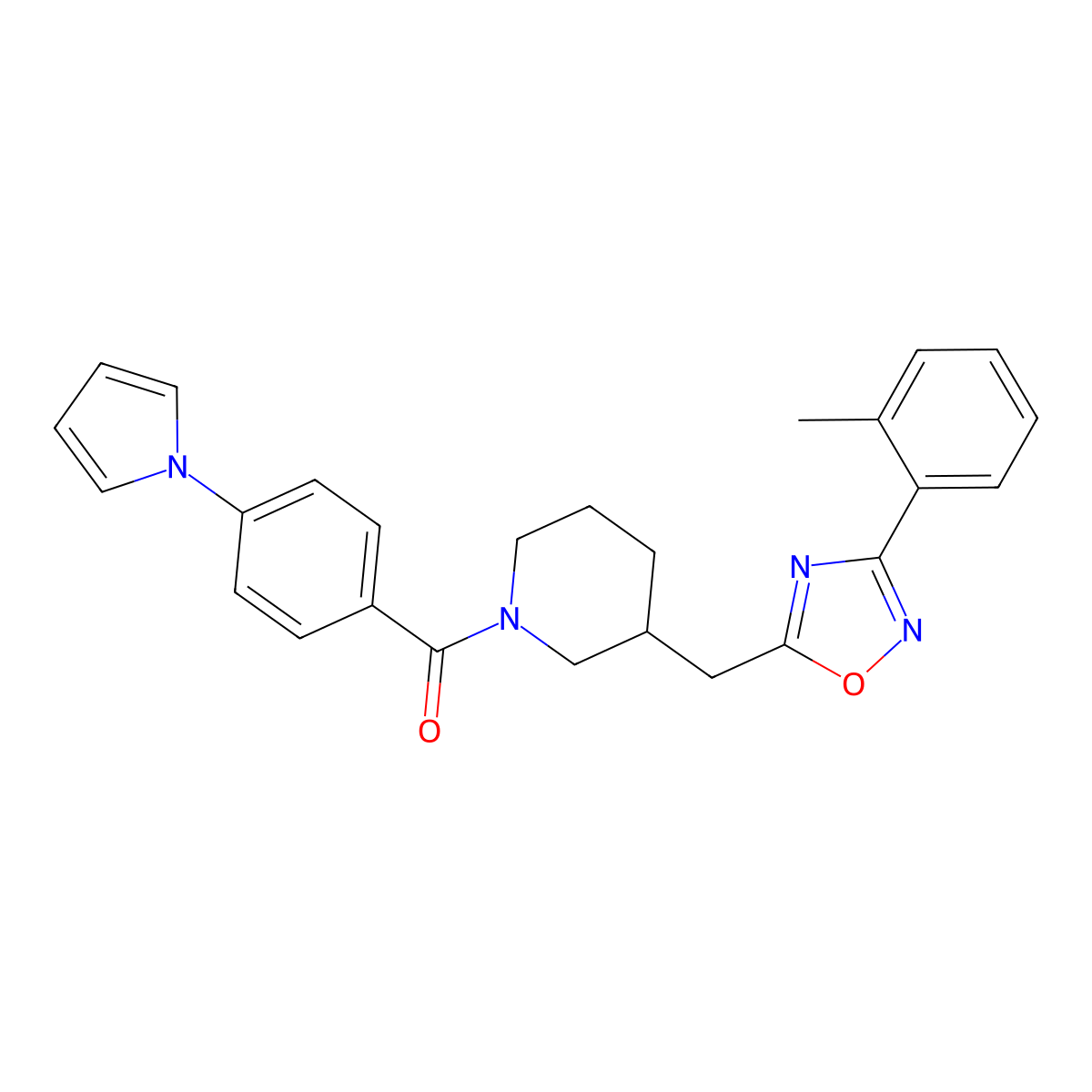 (4-(1H-pyrrol-1-yl)phenyl)(3-((3-(o-tolyl)-1,2,4-oxadiazol-5-yl)methyl)piperidin-1-yl)methanone molecular structure, CAS 2034583-52-1