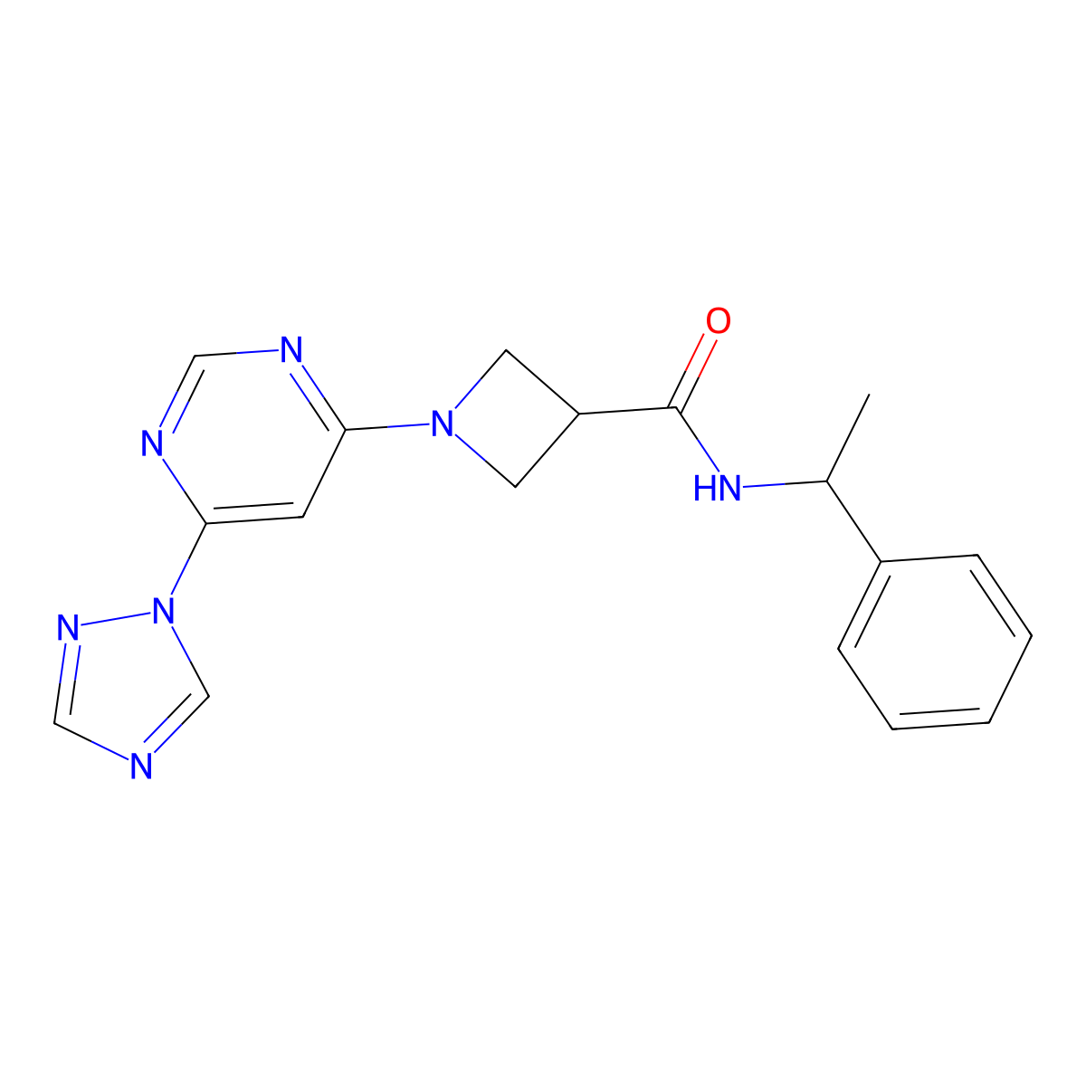 1-(6-(1H-1,2,4-triazol-1-yl)pyrimidin-4-yl)-N-(1-phenylethyl)azetidine-3-carboxamide molecular structure, CAS 2034583-64-5