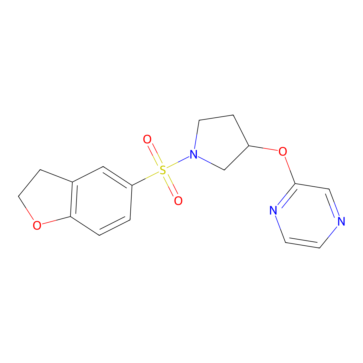 2-((1-((2,3-Dihydrobenzofuran-5-yl)sulfonyl)pyrrolidin-3-yl)oxy)pyrazine molecular structure, CAS 2034583-68-9