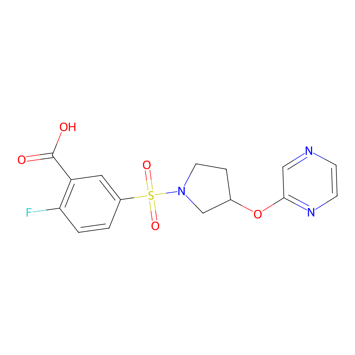 2-Fluoro-5-{[3-(pyrazin-2-yloxy)pyrrolidin-1-yl]sulfonyl}benzoic acid molecular structure, CAS 2034583-73-6