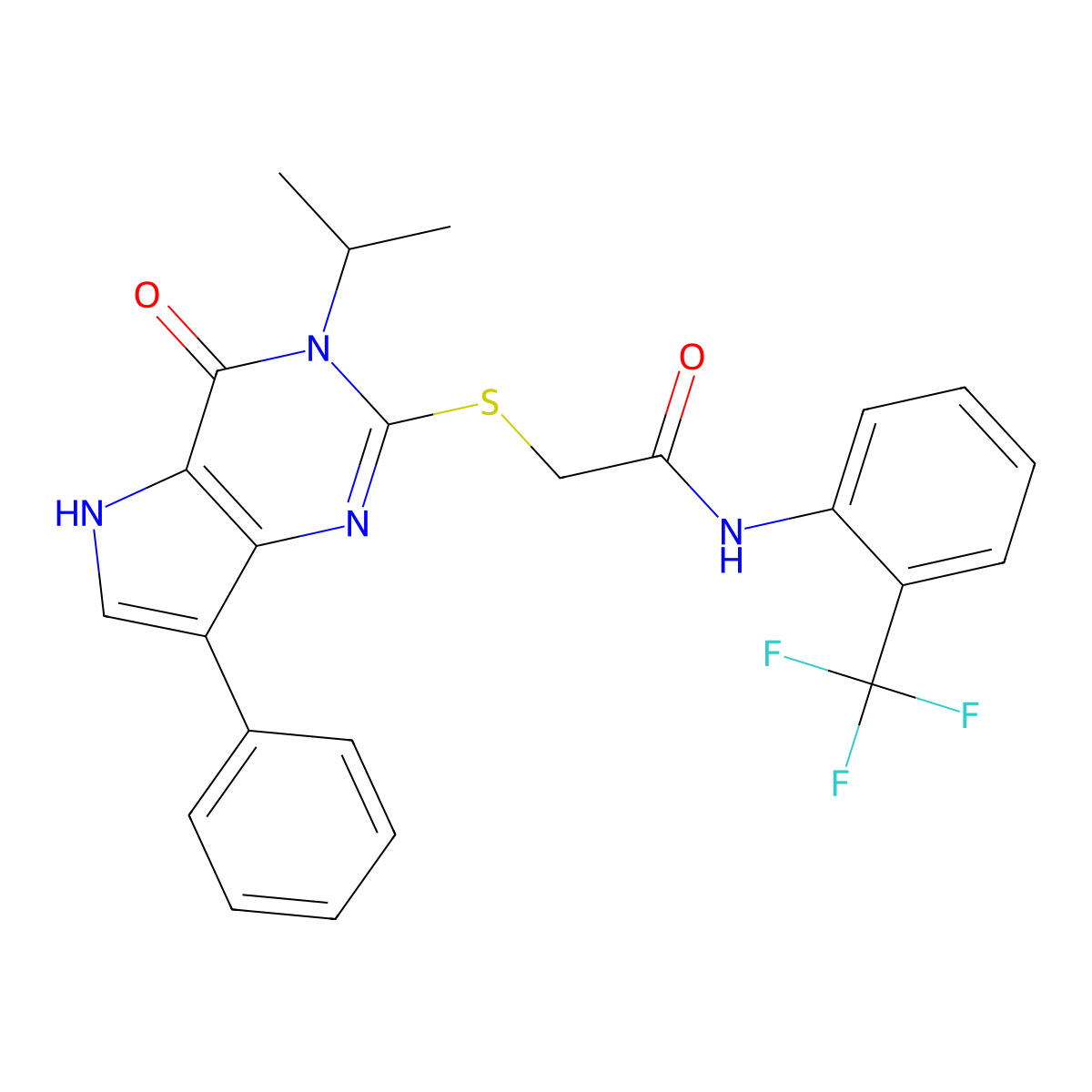 2-((3-isopropyl-4-oxo-7-phenyl-4,5-dihydro-3H-pyrrolo[3,2-d]pyrimidin-2-yl)thio)-N-(2-(trifluoromethyl)phenyl)acetamide molecular structure, CAS 2034583-79-2