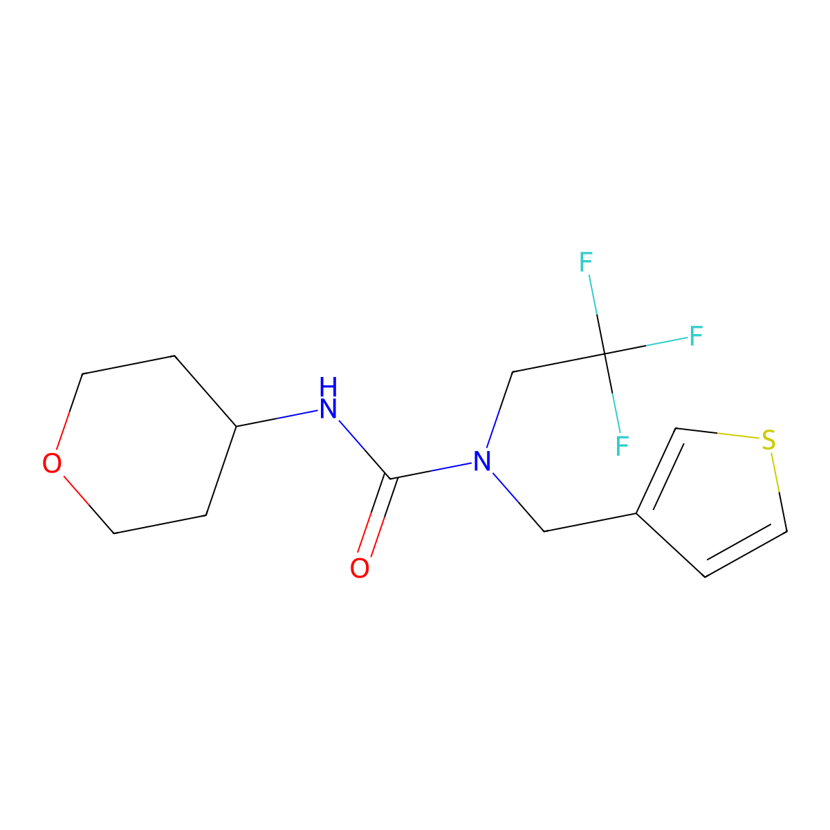 3-(tetrahydro-2H-pyran-4-yl)-1-(thiophen-3-ylmethyl)-1-(2,2,2-trifluoroethyl)urea molecular structure, CAS 2034583-86-1