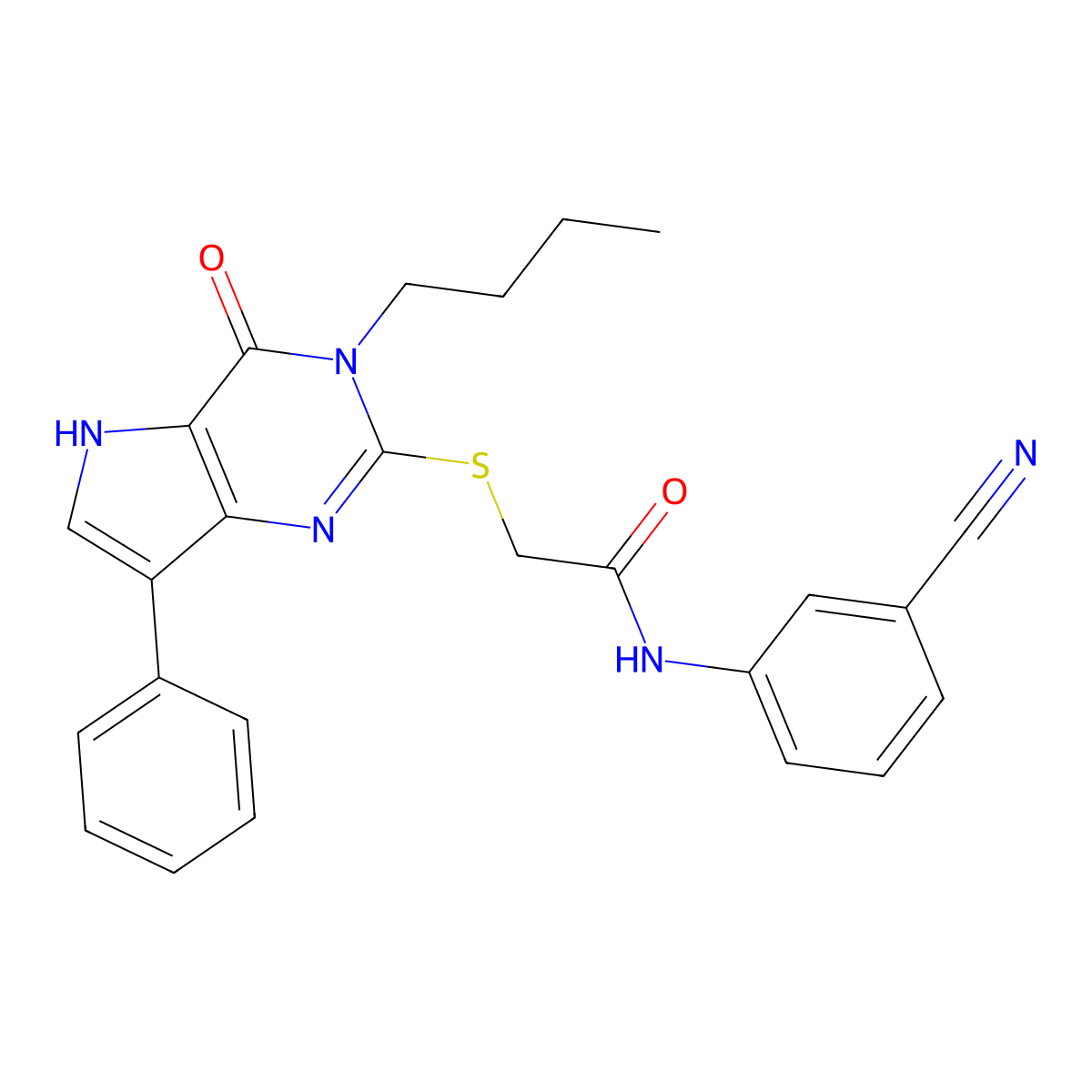 2-((3-butyl-4-oxo-7-phenyl-4,5-dihydro-3H-pyrrolo[3,2-d]pyrimidin-2-yl)thio)-N-(3-cyanophenyl)acetamide molecular structure, CAS 2034583-90-7