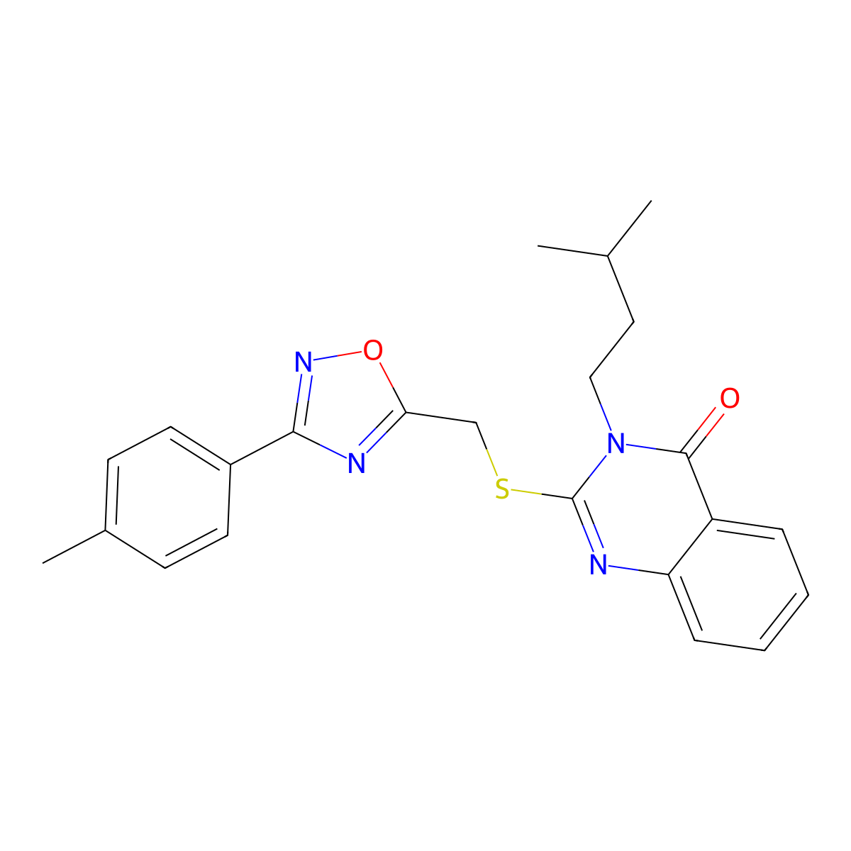 3-isopentyl-2-(((3-(p-tolyl)-1,2,4-oxadiazol-5-yl)methyl)thio)quinazolin-4(3H)-one molecular structure, CAS 2034584-00-2