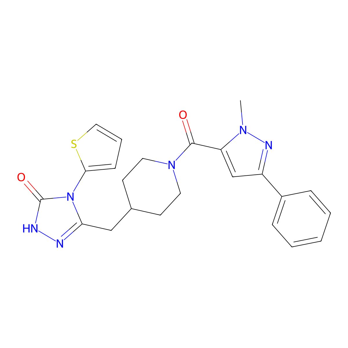 3-((1-(1-methyl-3-phenyl-1H-pyrazole-5-carbonyl)piperidin-4-yl)methyl)-4-(thiophen-2-yl)-1H-1,2,4-triazol-5(4H)-one molecular structure, CAS 2034584-44-4