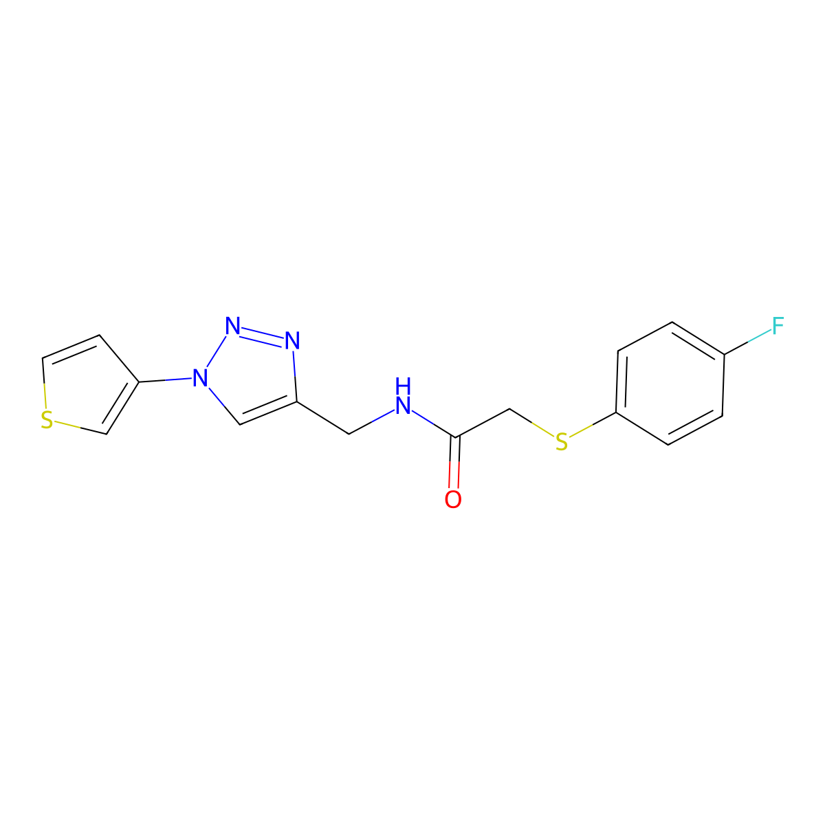 2-((4-fluorophenyl)thio)-N-((1-(thiophen-3-yl)-1H-1,2,3-triazol-4-yl)methyl)acetamide molecular structure, CAS 2034584-45-5