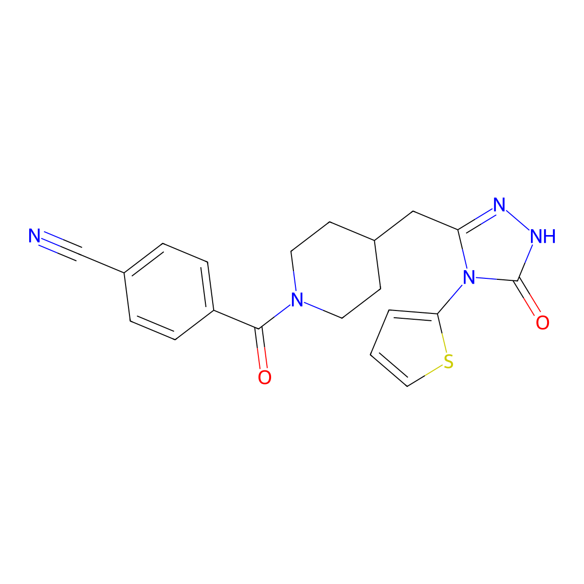 4-(4-((5-oxo-4-(thiophen-2-yl)-4,5-dihydro-1H-1,2,4-triazol-3-yl)methyl)piperidine-1-carbonyl)benzonitrile molecular structure, CAS 2034584-51-3