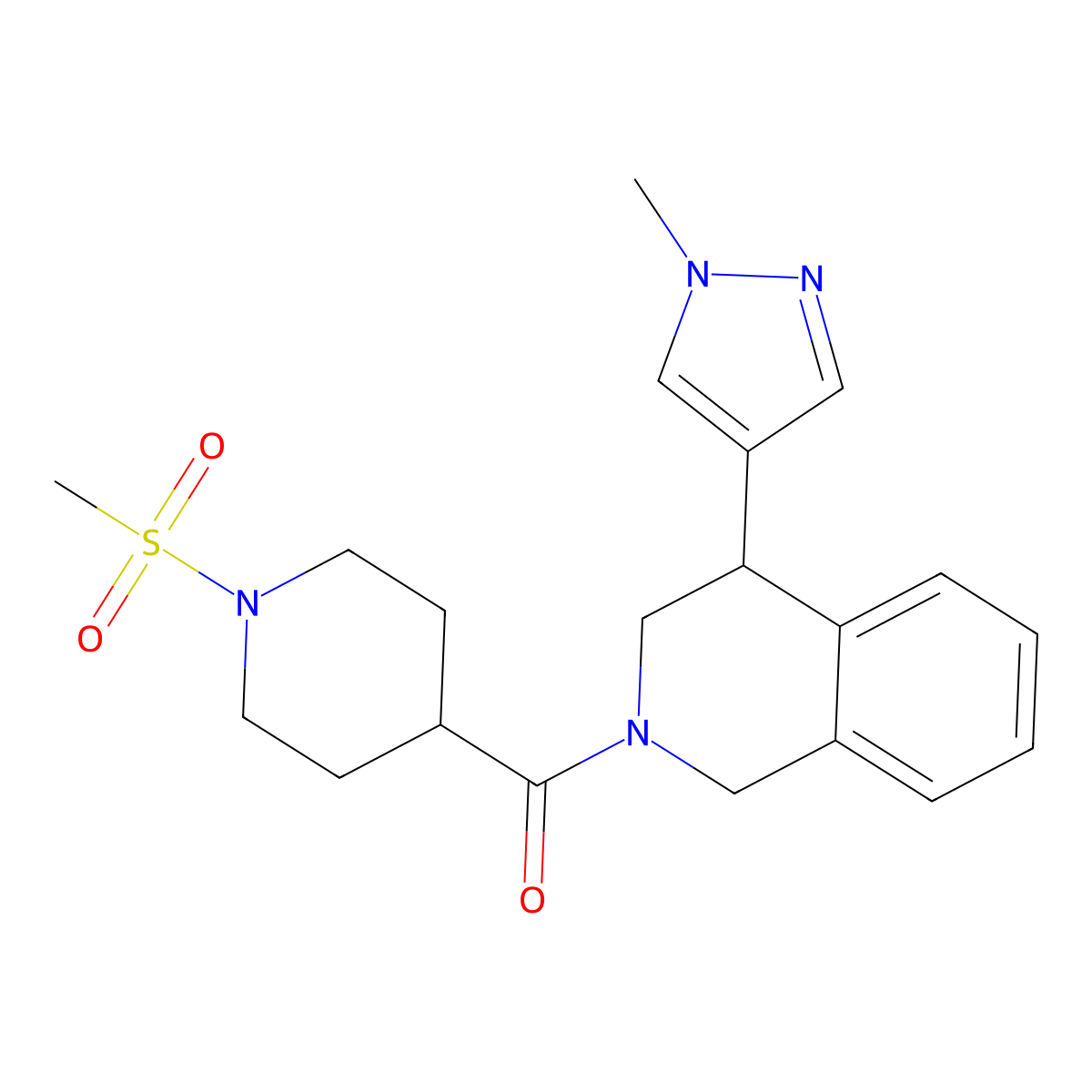 (4-(1-methyl-1H-pyrazol-4-yl)-3,4-dihydroisoquinolin-2(1H)-yl)(1-(methylsulfonyl)piperidin-4-yl)methanone molecular structure, CAS 2034584-57-9