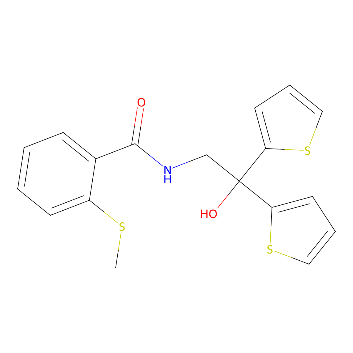 N-(2-hydroxy-2,2-di(thiophen-2-yl)ethyl)-2-(methylthio)benzamide molecular structure, CAS 2034584-58-0